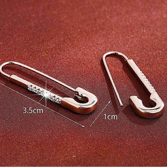 Silver Zircon Safety Pin Earrings, Minimalist, Punk, Gift For Teenager - Picture 3 of 9